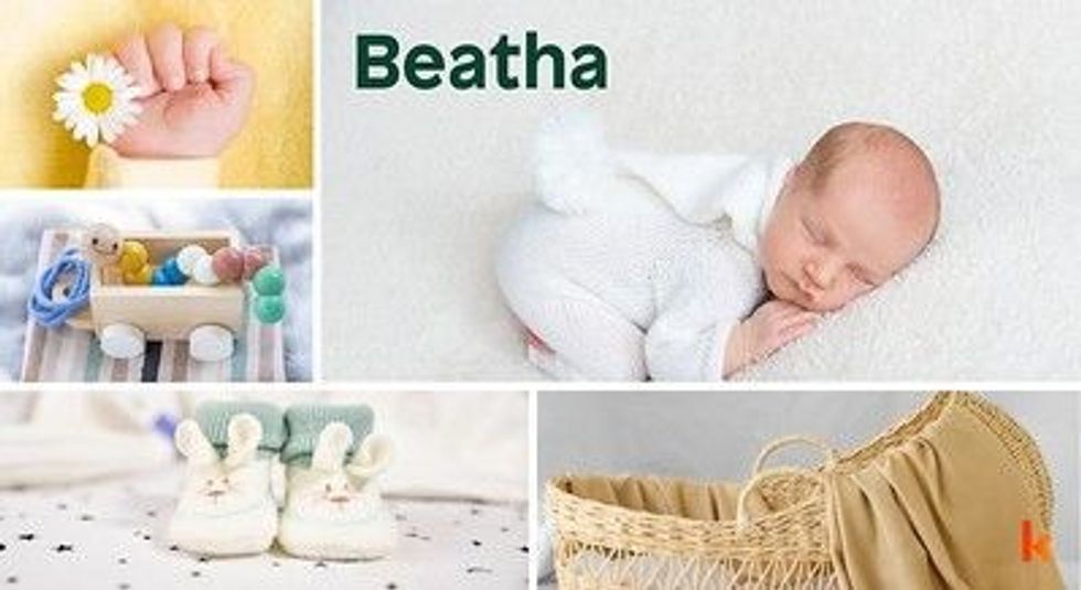 Baby Name Beatha - cute baby, flowers, shoes, cradle and toys.