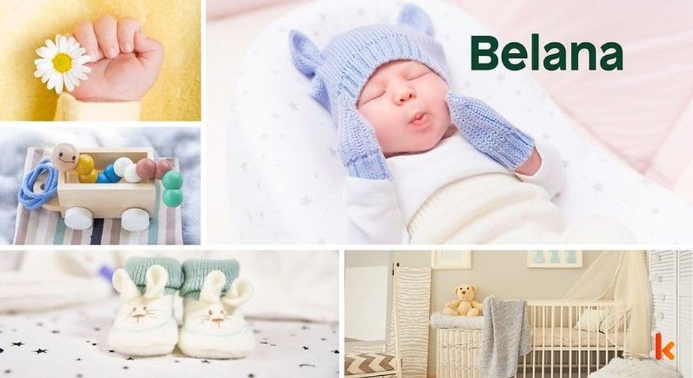Baby Name Belana - cute baby, flowers, shoes, cradle and toys.