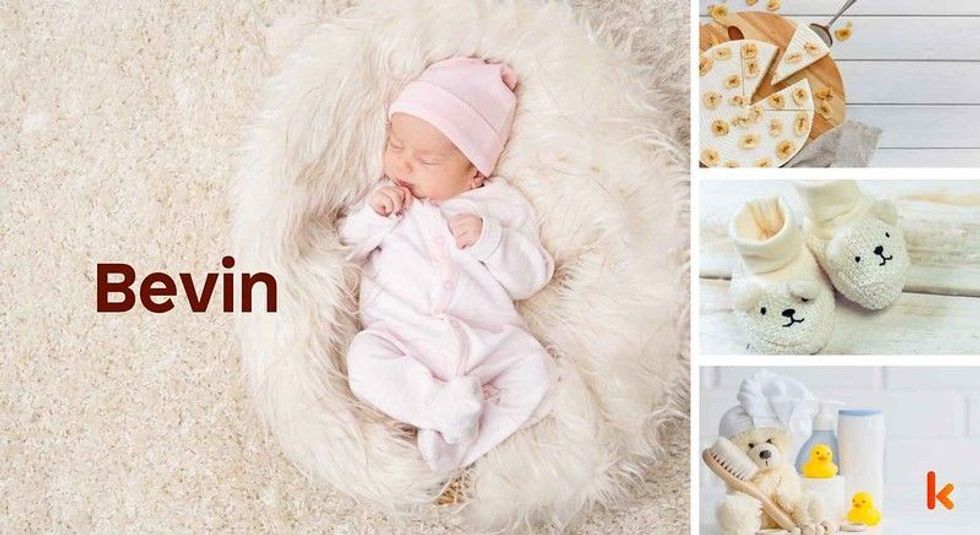 Baby name Bevin - cute baby, cake, booties, teddy & brush