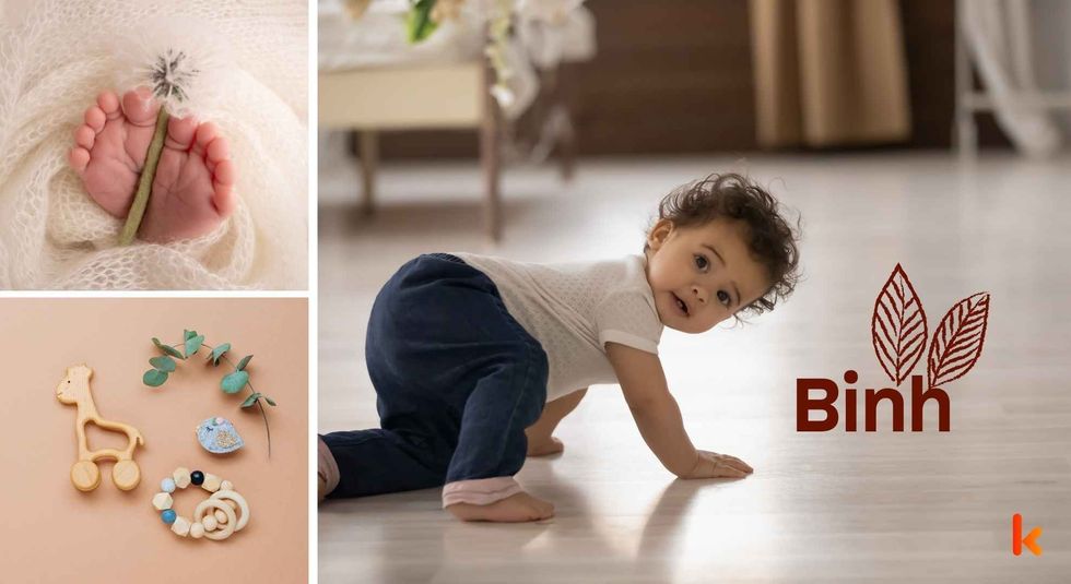 Baby name Binh - Cute baby, feet, toys.