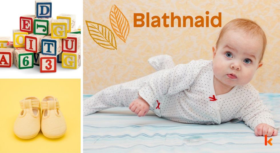 Baby Name Blathnaid - cute baby, flowers, shoes and toys.