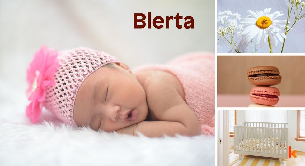 Baby name Blerta - cute baby, flowers, macarons, crib.