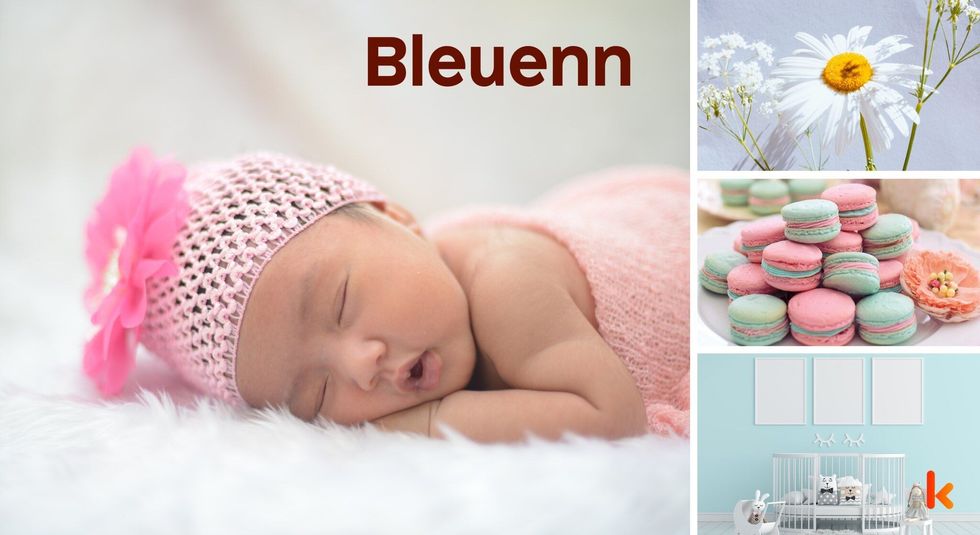 Baby name Bleuenn - cute baby, flowers, macarons, crib.
