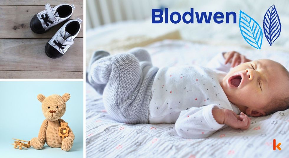 Baby Name Blodwen - cute baby, flowers, shoes and toys.