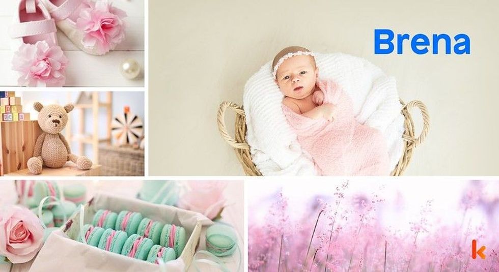 Baby name Brena - cute baby, flowers, shoes and toys.