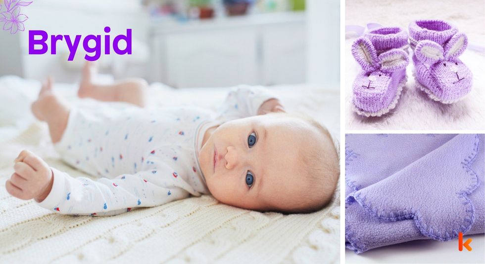 Baby Name Brygid - cute baby, purple shoes , lying on blanket.
