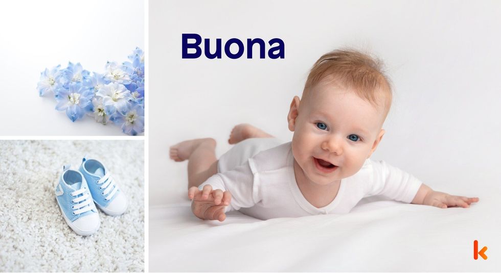 Baby Name Buona - cute baby, blue Flower, lying on blanket.