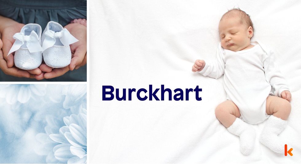 Baby Name Burckhart - cute baby, blue flower, baby shoes.