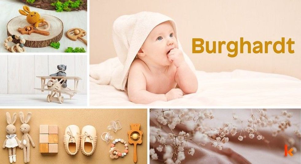 Baby Name Burghardt - cute baby, baby toys , lying on blanket.