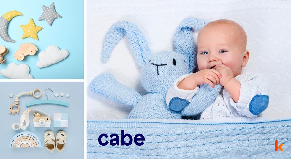 Baby Name Cabe - cute baby, blue toy, lying on bed. 