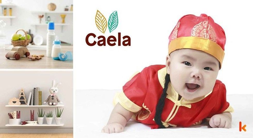 Baby name Caela - cute baby, wooden toys, bunny & plants