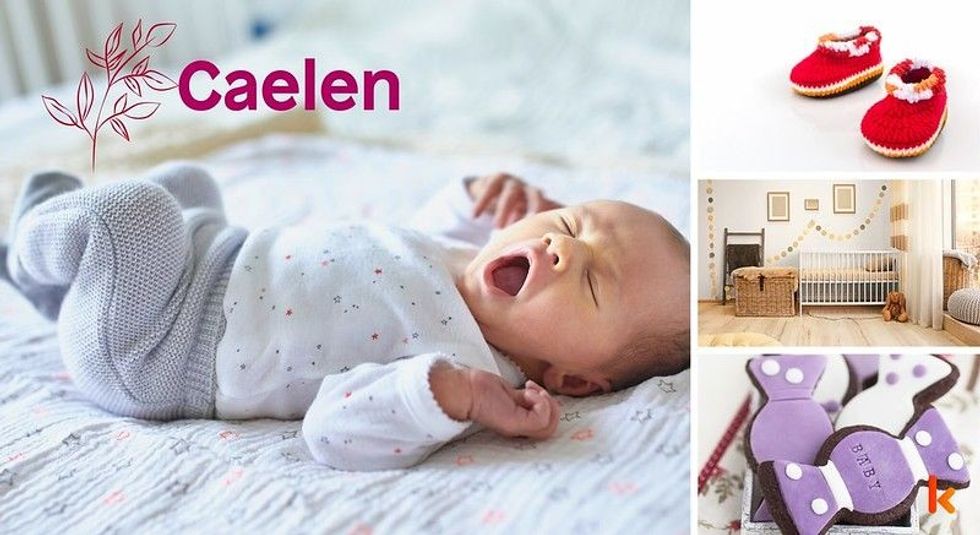 Baby Name Caeli - cute baby, flowers, shoes and toys.