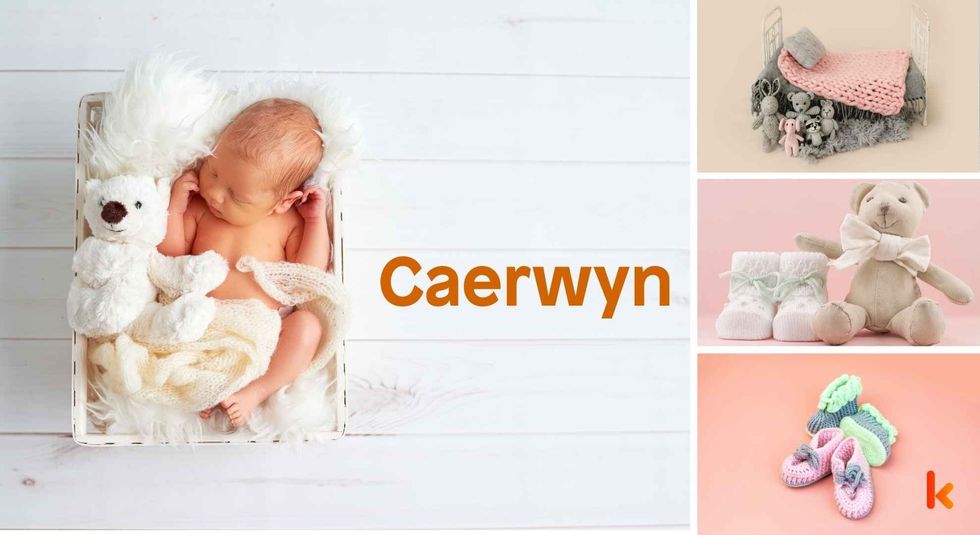 Baby name Caerwyn - cute baby, bed, fur toys & booties
