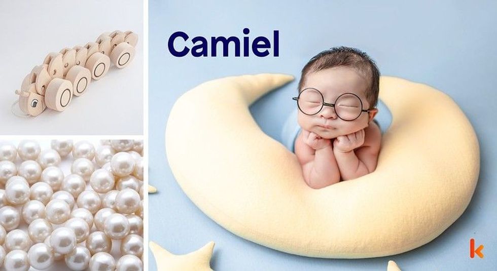 Baby Name Camiel - cute baby, moon and baby toy.