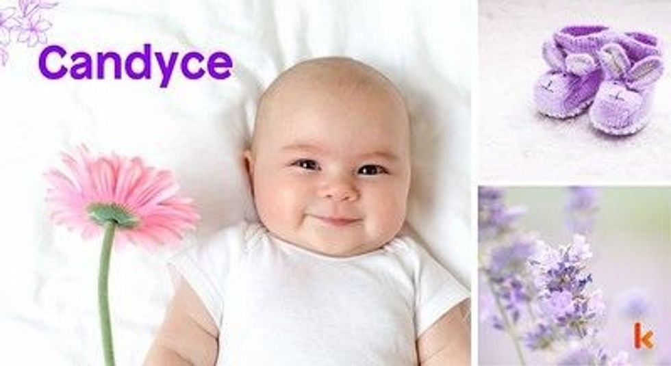 Baby Name Candyce - cute baby, purple Flower, lying on blanket.