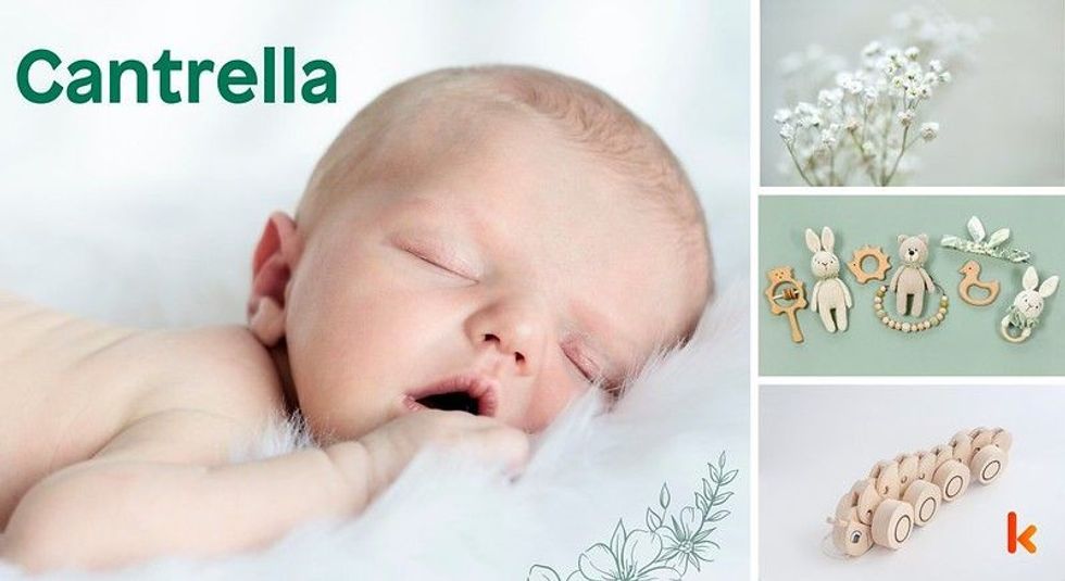 Baby Name Cantrella - cute baby, baby toys , lying on fur blanket. 