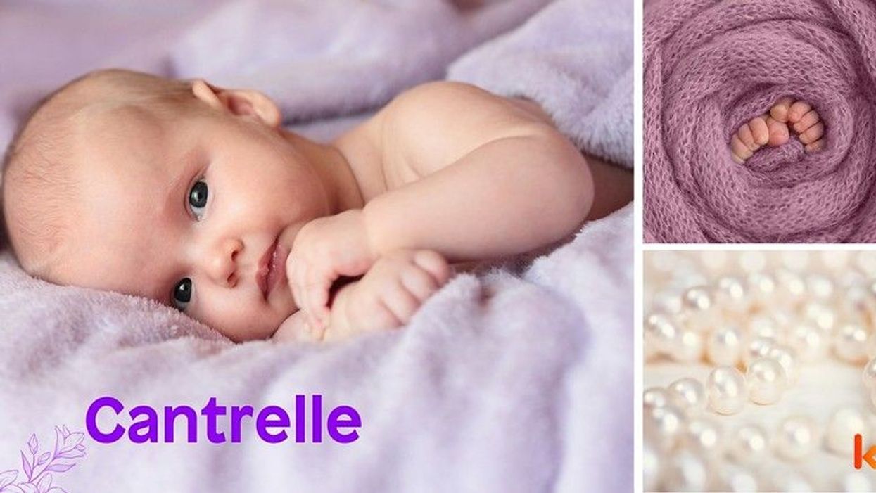 <p>Baby Name Cantrelle - cute baby, lying on purple blanket. </p>