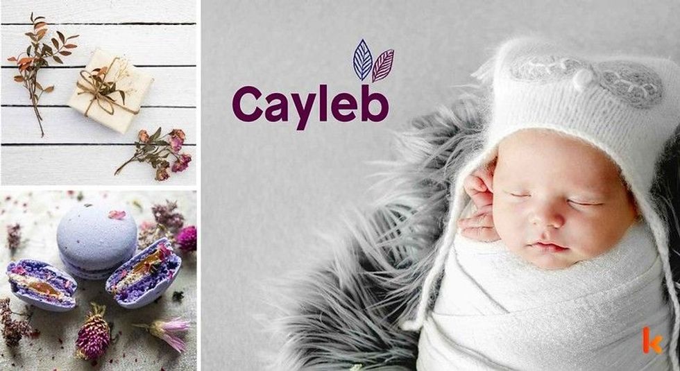 Baby name Cayleb - cute sleeping baby, flowers & macarons