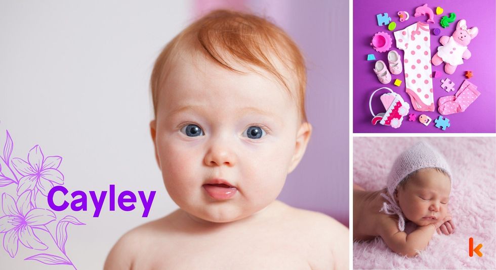 Baby Name Cayley - cute sleeping baby, purple fur & toys