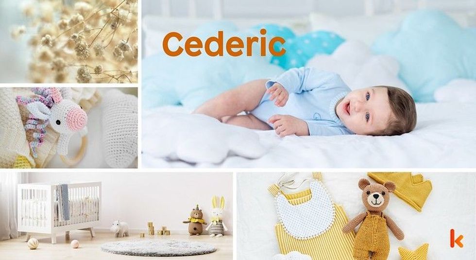 Baby Name Cederic- Cute baby, knitted toys, cradle & flowers.
