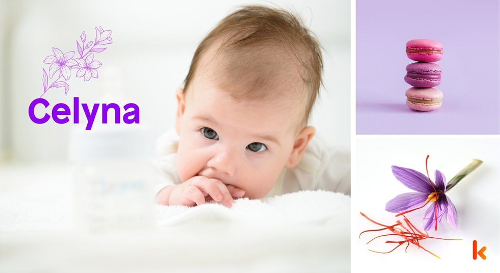 Baby Name Celyna - cute baby, purple Flower.