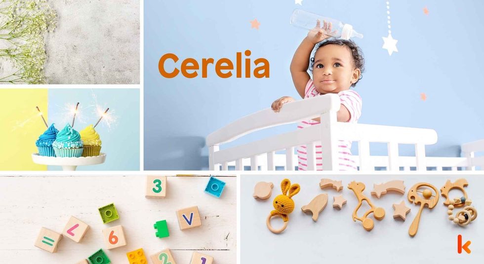Baby name Cerelia - Cute baby, cupcakes, flowers & wooden toys.