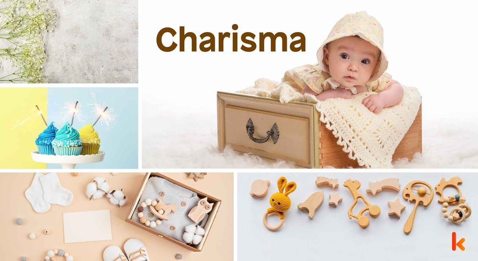 Baby name Charisma - Cute baby, booties, toys, cupcakes & flowers.