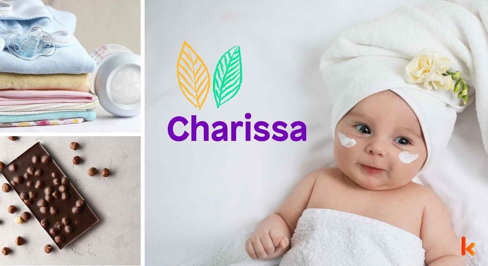 Baby name Charissa - Cute baby, bath towel, chocolates & clothes. 