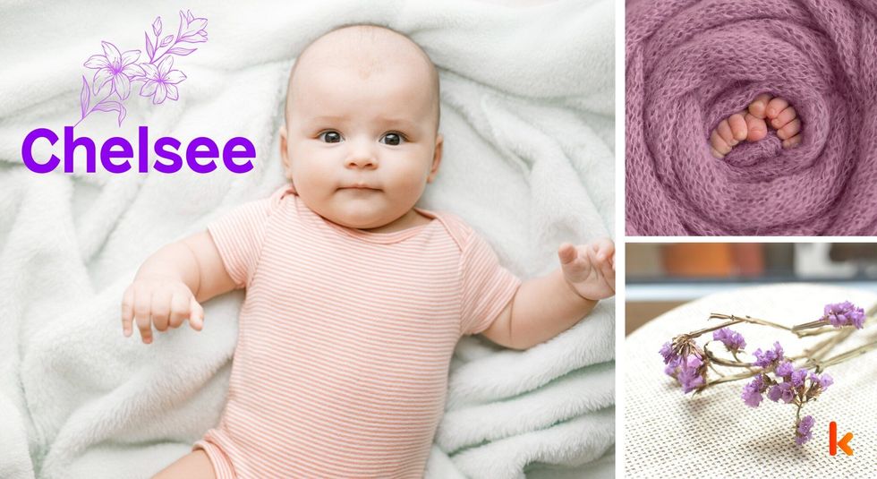 Baby Name Chelsee - cute baby, purple flower, baby foot in knitted blanket.