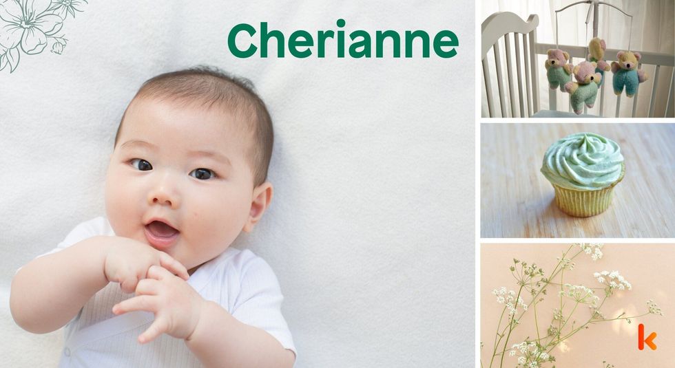 Baby Name Cherianne - cute baby, green cup cake, knitted toys.