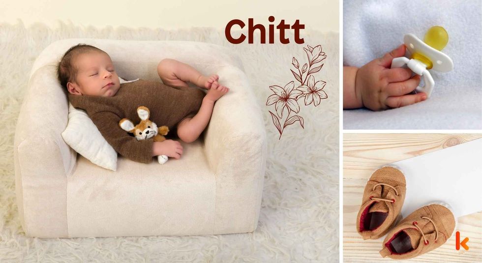 Baby Name Chitt - cute baby, flowers, shoes, pacifier and toys.