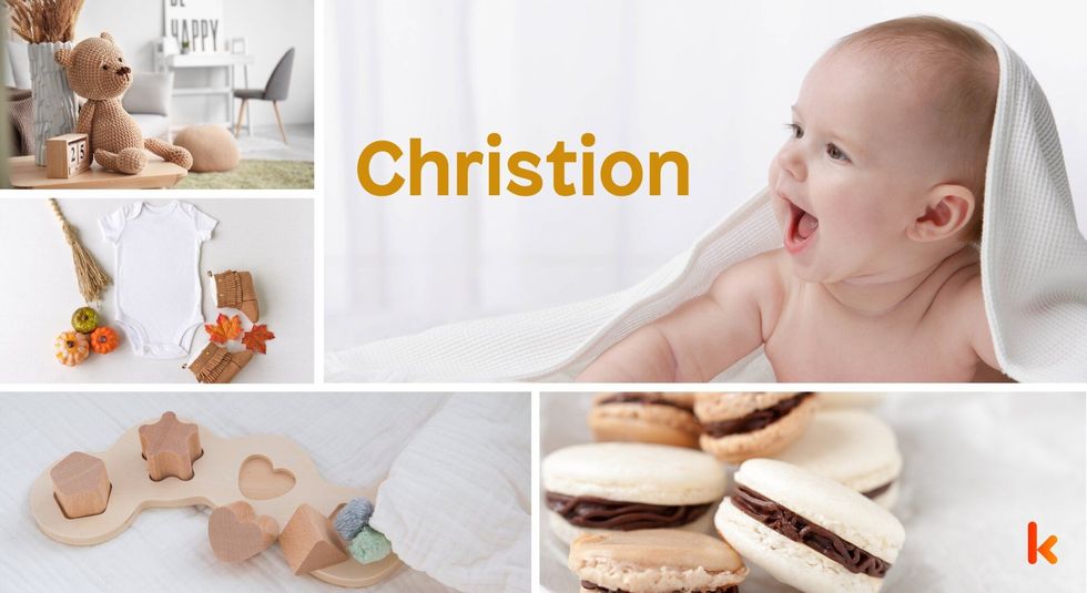 Baby Name Christion - cute baby, knitted toy, macarons, baby clothes.