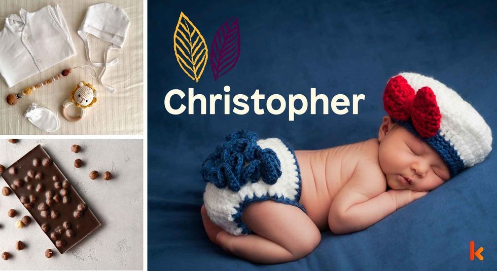 Baby name Christopher - Cute baby, knitted cap, chocolates & clothes. 