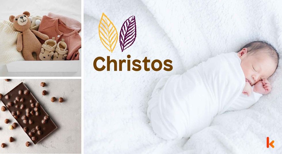 Baby name Christos - Cute baby, knitted toys, booties & chocolate. 