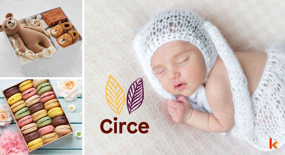 Baby name Circe - Cute baby, knitted clothes, macarons, teddy bear & booties. 