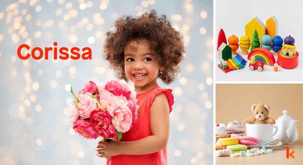 Baby name Corissa - Cute baby, colorful toys, fairy lights, flowers & desserts.