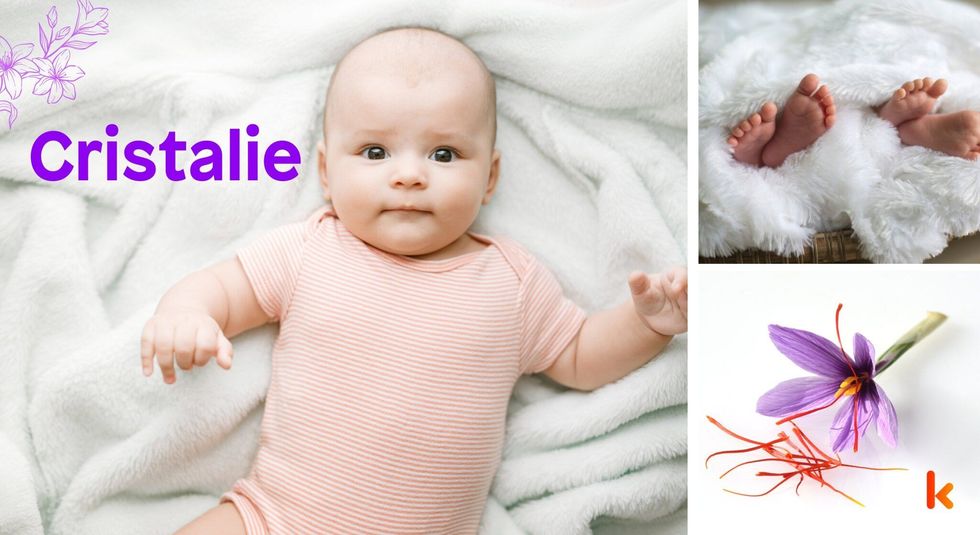 Baby Name Cristalie - cute baby, flower, baby foot in fur blanket.