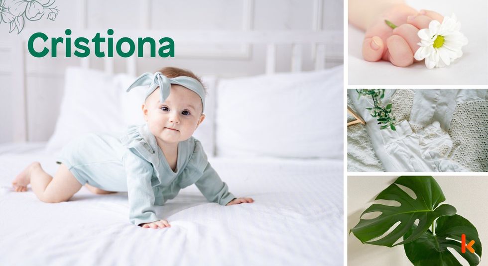Baby Name Cristiona - cute baby, green leaf, baby clothes.