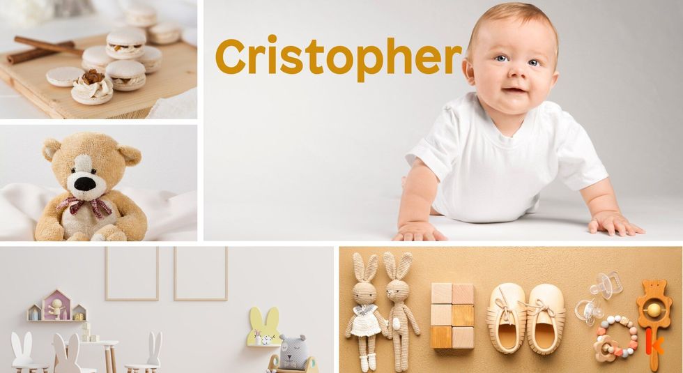 Baby Name Cristopher - cute baby, teddy toy, macarons.