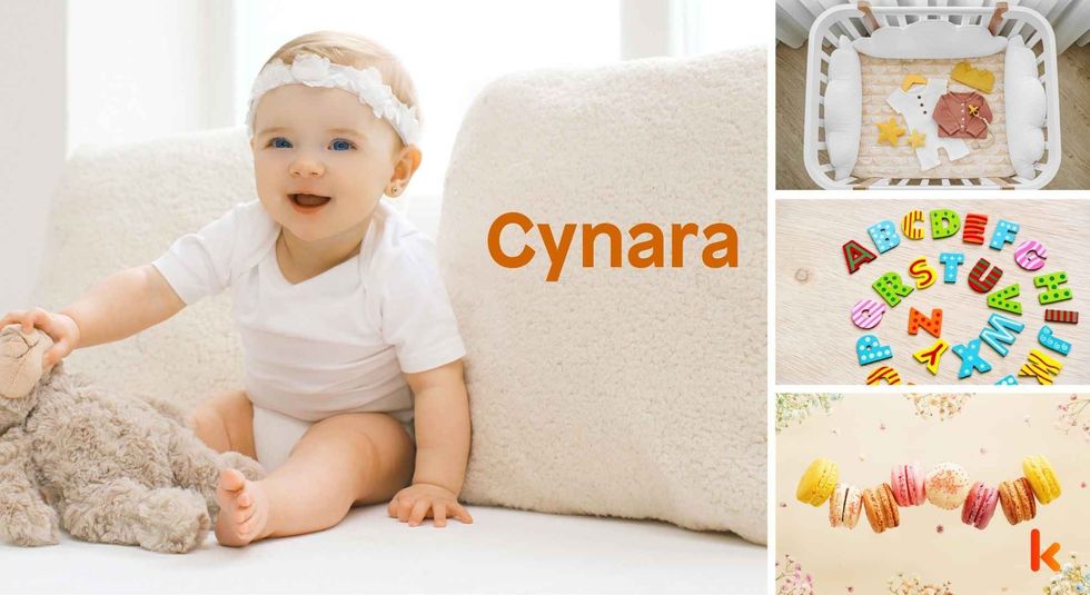 Baby name Cynara - Cute baby, alphabets block, macarons, cradle & toys.