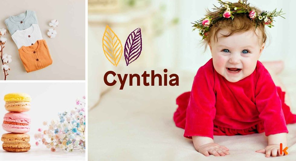 Baby name Cynthia - Cute baby, tiara, clothes, macarons & flowers.