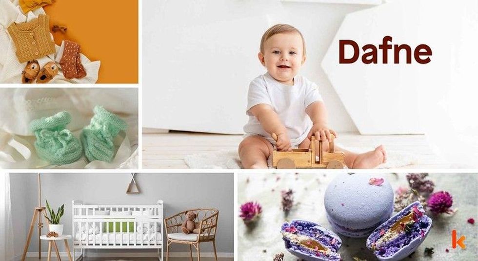Baby Name Dafne - cute baby, flowers, shoes, cradle and toys