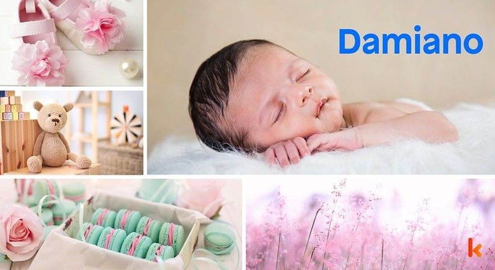 Baby name Damiano - cute baby, flowers, shoes and toys.