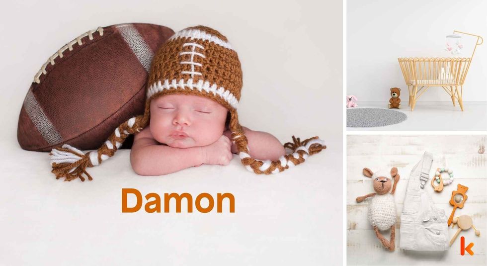 Baby name Damon - Cute baby, baseball, knitted cap, toys & cradle.