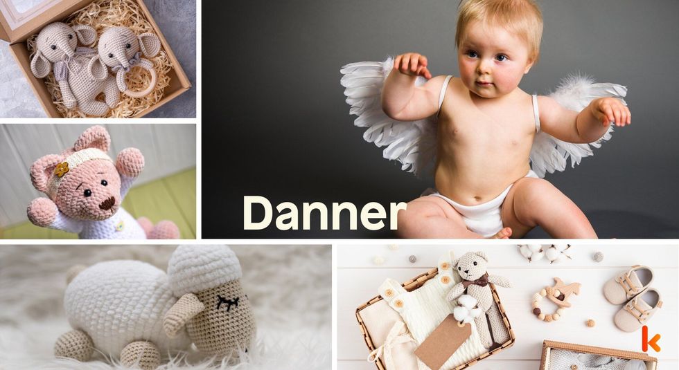 Baby name danner - knitted soft toys in basket & booties.