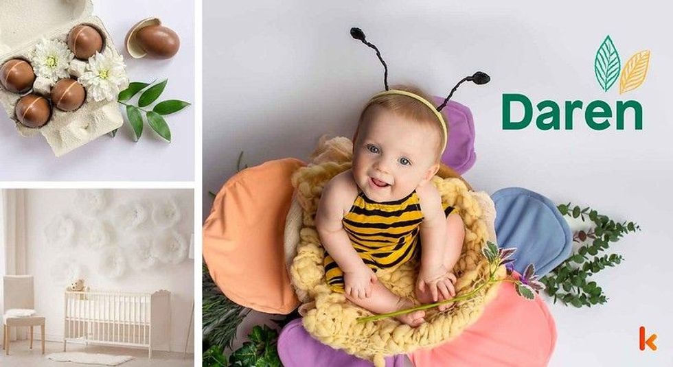 Baby name Daren - cute baby in bee costume, chocolates & nursery.