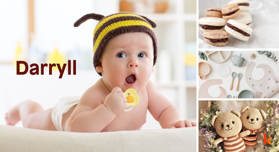 Baby name darryll - cute baby, macarons, bib & knitted toys.