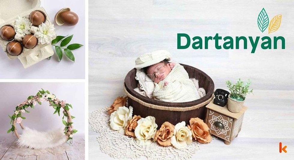 Baby name Dartanyan - cute sleeping baby, floral bed & chocolates.