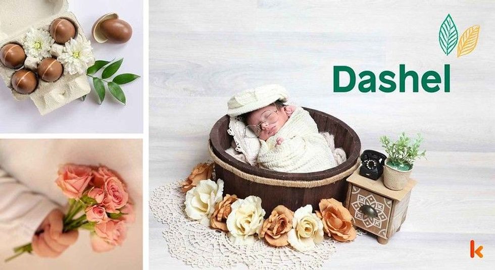 Baby name Dashel - cute sleeping baby, chocolates and flowers.
