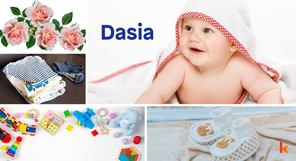 Baby Name Dasia - cute baby, flowers, dress, shoes and toys.